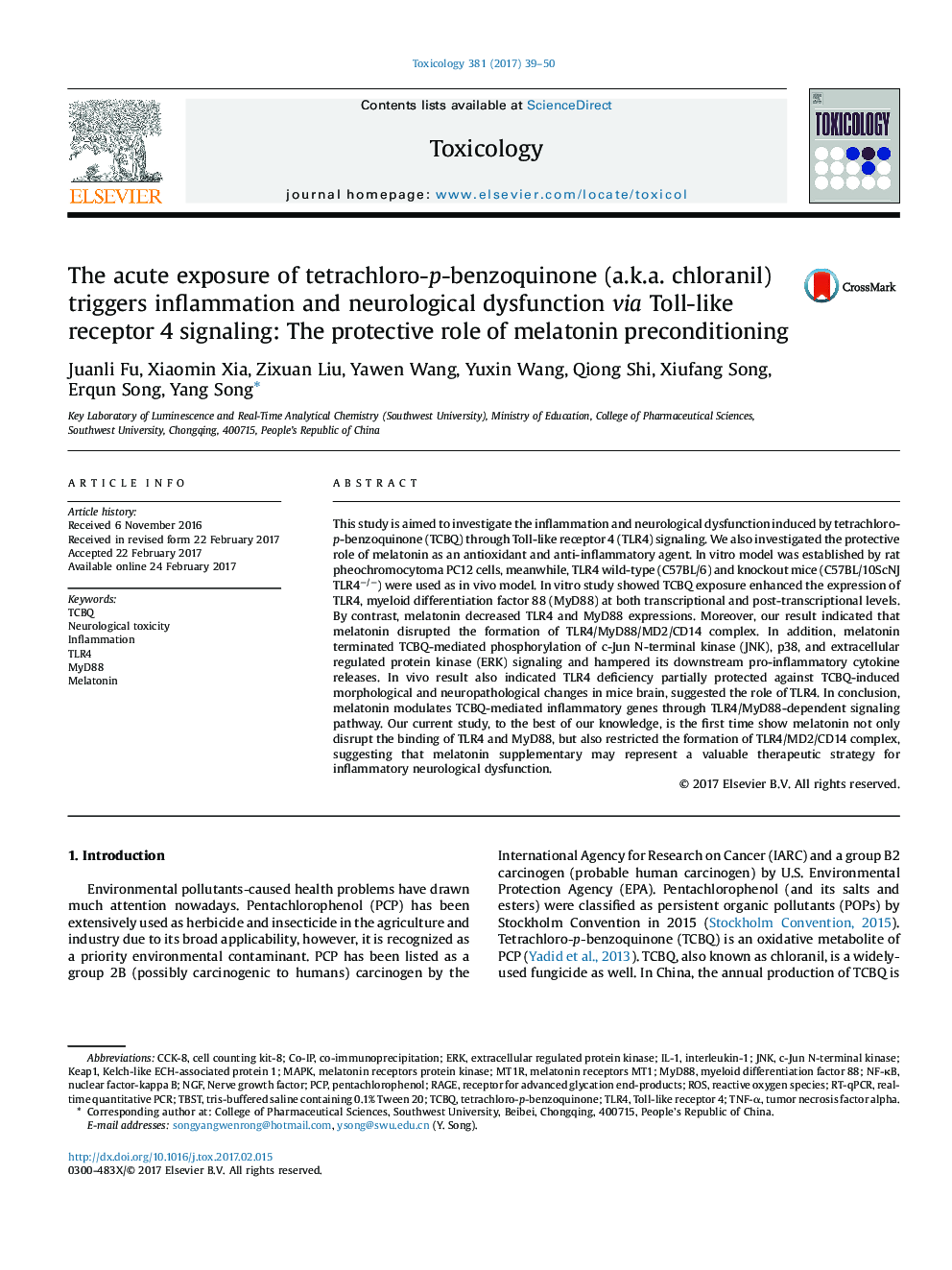 The acute exposure of tetrachloro-p-benzoquinone (a.k.a. chloranil) triggers inflammation and neurological dysfunction via Toll-like receptor 4 signaling: The protective role of melatonin preconditioning