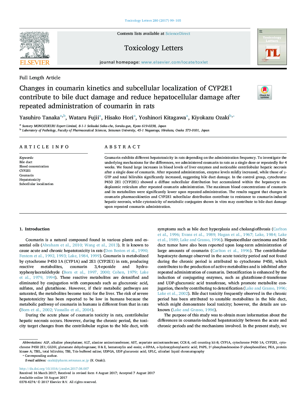 Changes in coumarin kinetics and subcellular localization of CYP2E1 contribute to bile duct damage and reduce hepatocellular damage after repeated administration of coumarin in rats