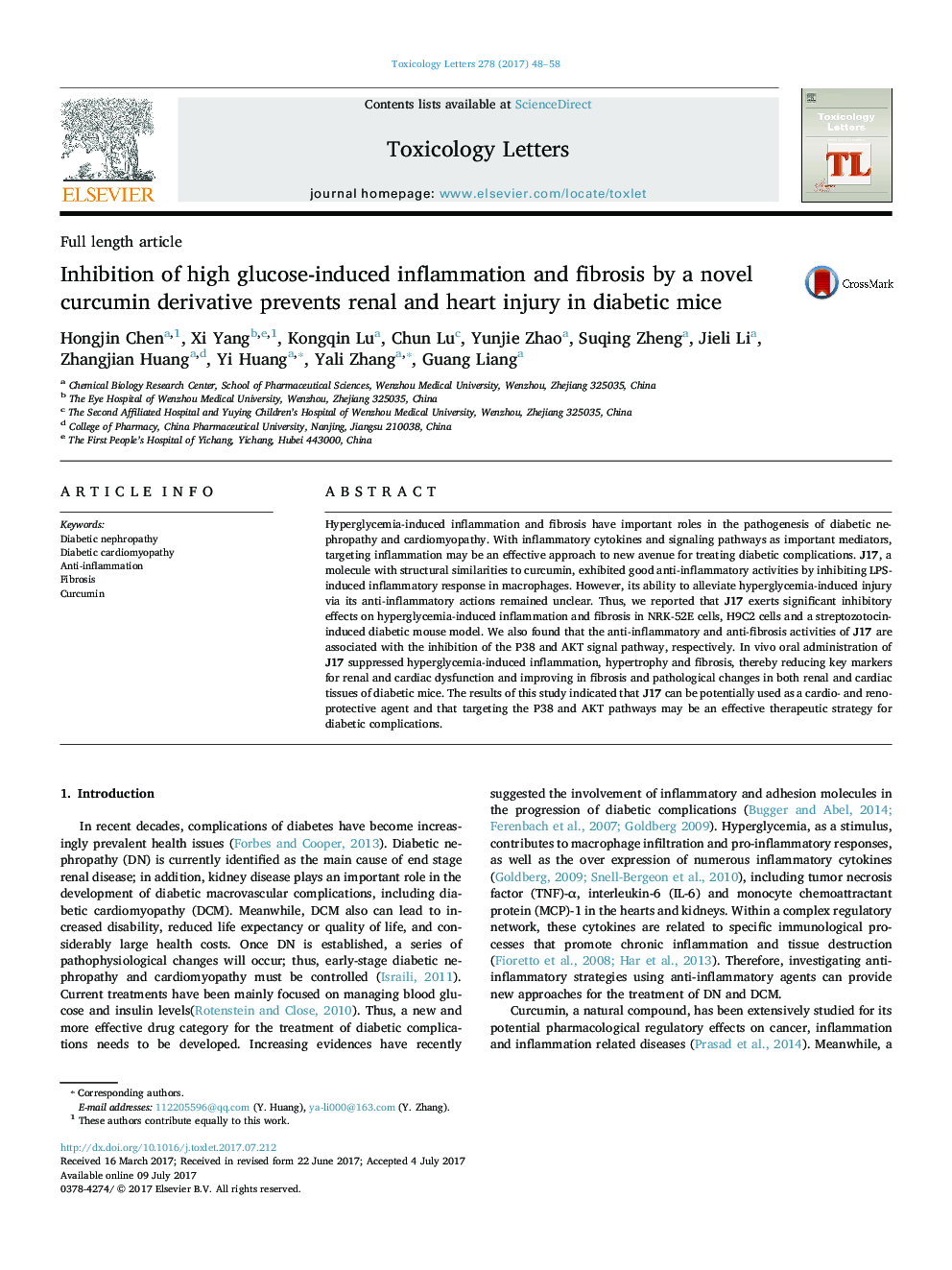 Inhibition of high glucose-induced inflammation and fibrosis by a novel curcumin derivative prevents renal and heart injury in diabetic mice