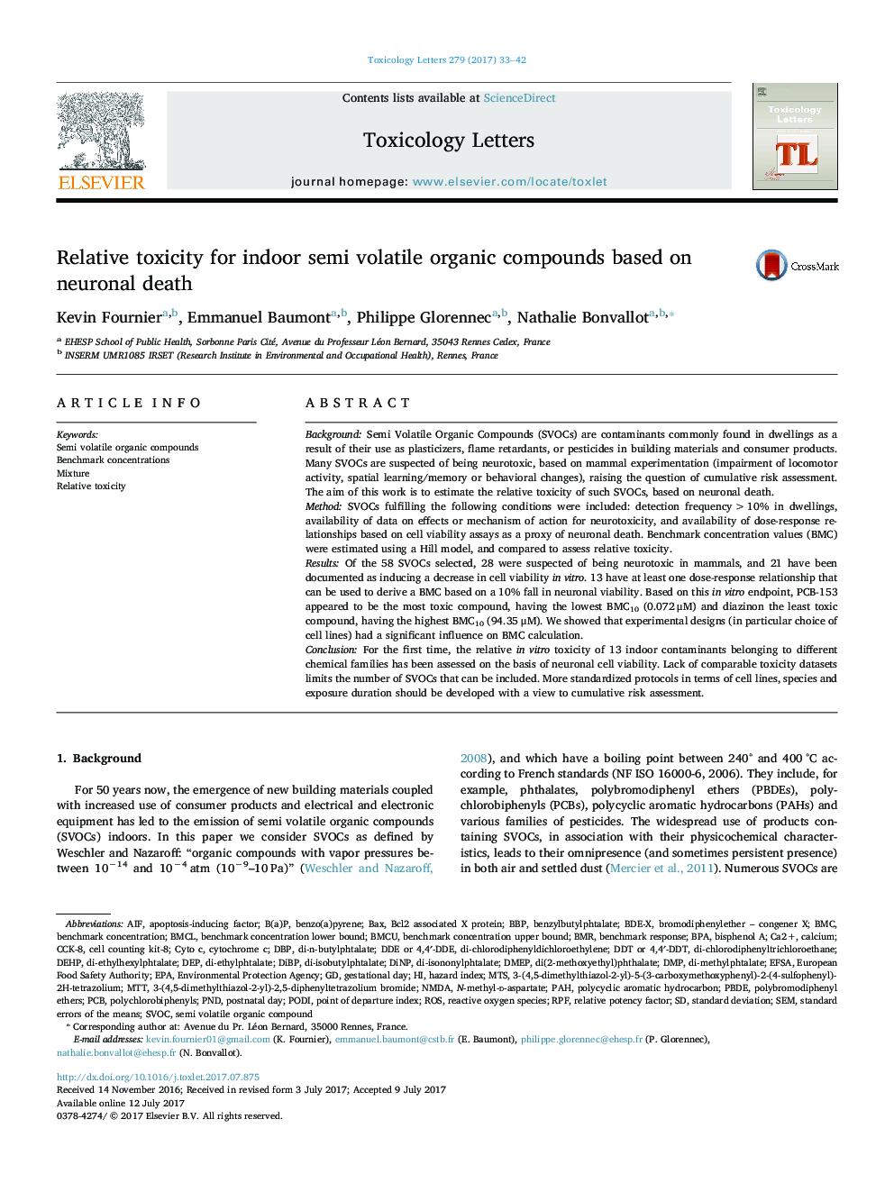 Relative toxicity for indoor semi volatile organic compounds based on neuronal death