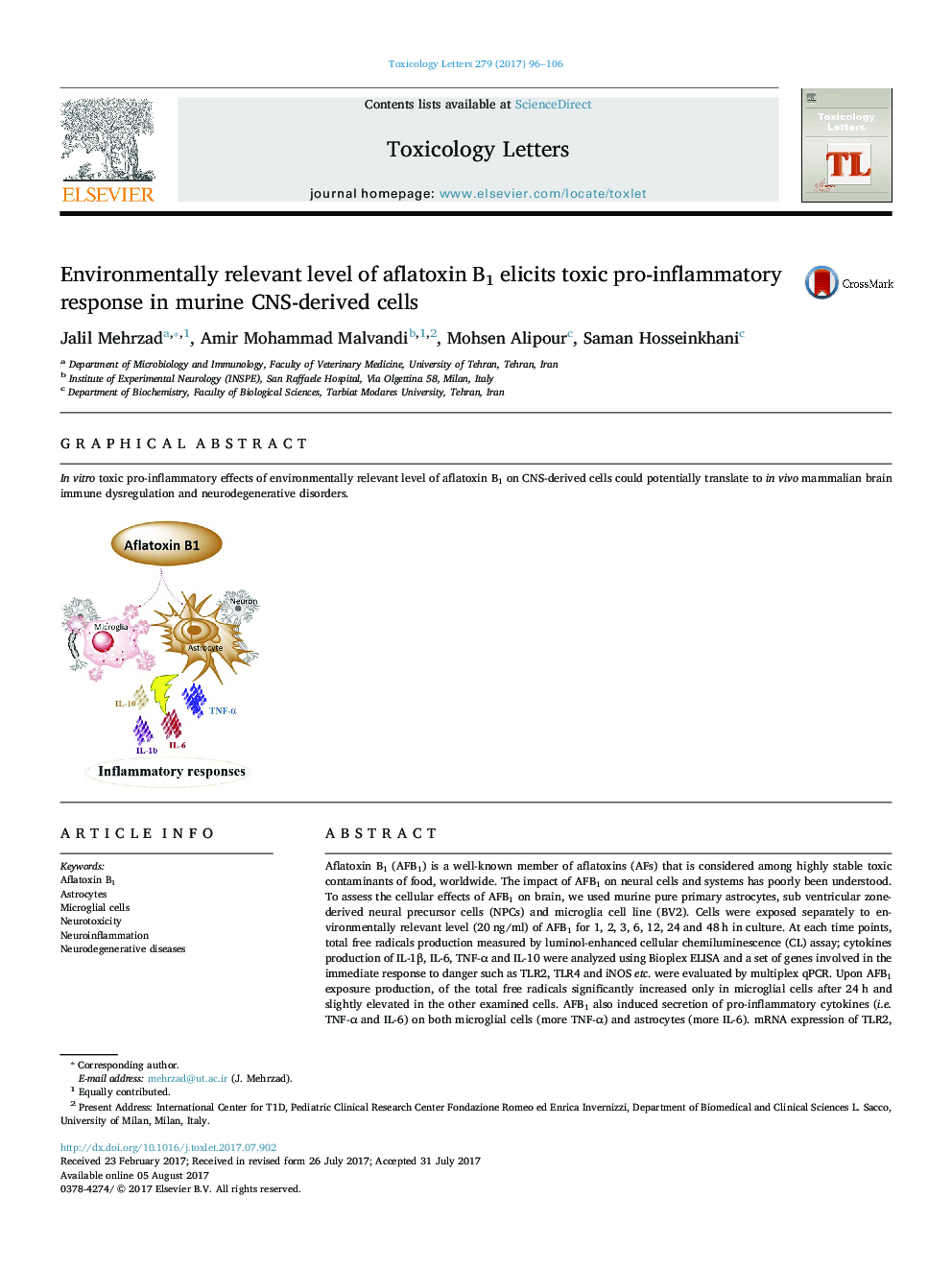 Environmentally relevant level of aflatoxin B1 elicits toxic pro-inflammatory response in murine CNS-derived cells