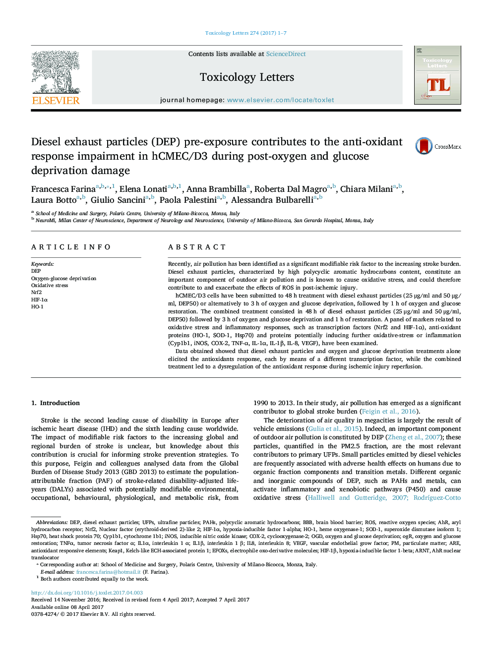 Diesel exhaust particles (DEP) pre-exposure contributes to the anti-oxidant response impairment in hCMEC/D3 during post-oxygen and glucose deprivation damage