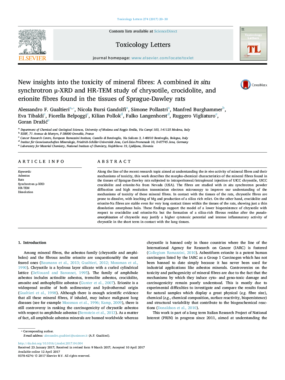 New insights into the toxicity of mineral fibres: A combined in situ synchrotron Î¼-XRD and HR-TEM study of chrysotile, crocidolite, and erionite fibres found in the tissues of Sprague-Dawley rats