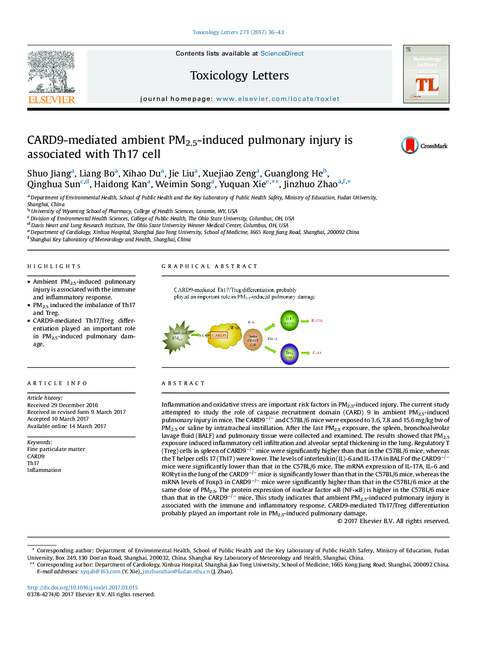 عکس صفحه اول مقاله: CARD9-mediated ambient PM2.5-induced pulmonary injury is associated with Th17 cell CARD9-mediated ambient PM2.5-induced pulmonary injury is associated with Th17 cell