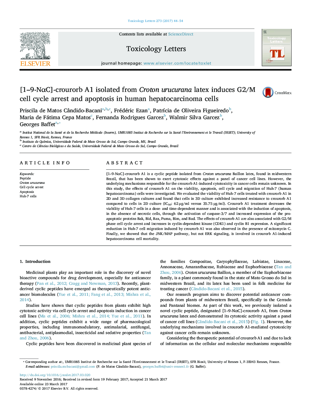 [1-9-NÎ±C]-crourorb A1 isolated from Croton urucurana latex induces G2/M cell cycle arrest and apoptosis in human hepatocarcinoma cells