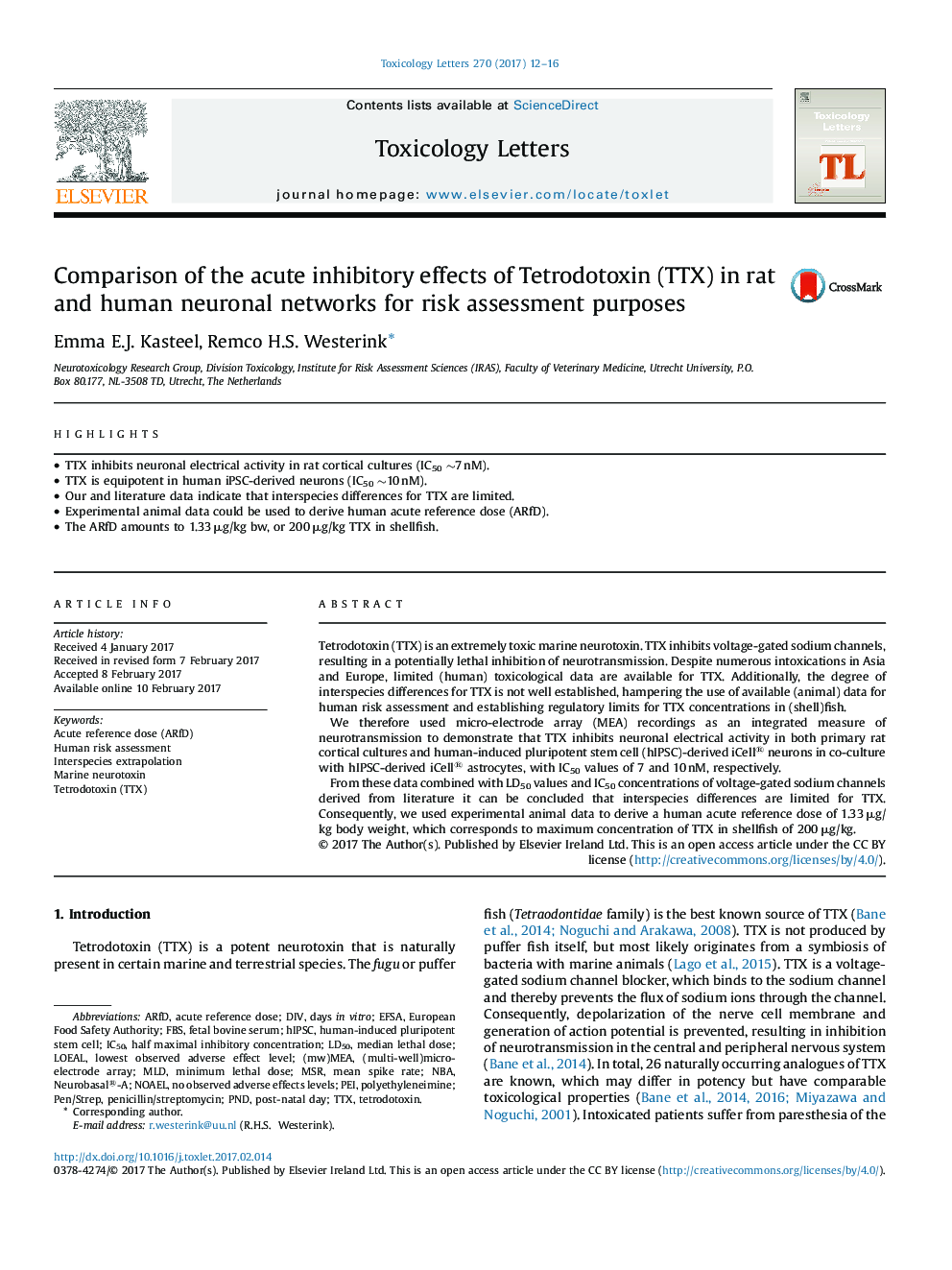 Comparison of the acute inhibitory effects of Tetrodotoxin (TTX) in rat and human neuronal networks for risk assessment purposes