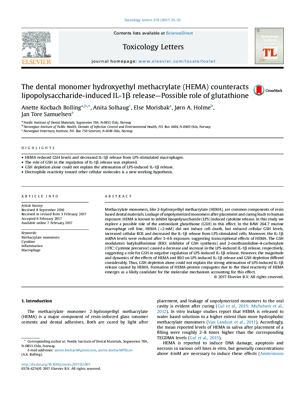 The dental monomer hydroxyethyl methacrylate (HEMA) counteracts lipopolysaccharide-induced IL-1Î² release-Possible role of glutathione