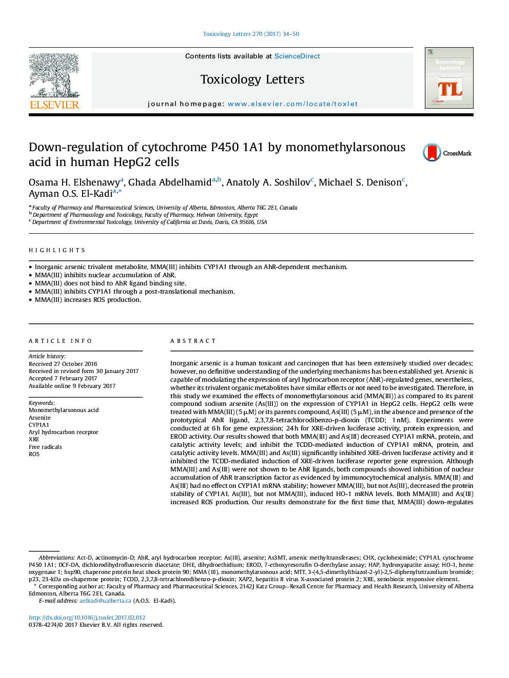 عکس صفحه اول مقاله: Down-regulation of cytochrome P450 1A1 by monomethylarsonous acid in human HepG2 cells Down-regulation of cytochrome P450 1A1 by monomethylarsonous acid in human HepG2 cells