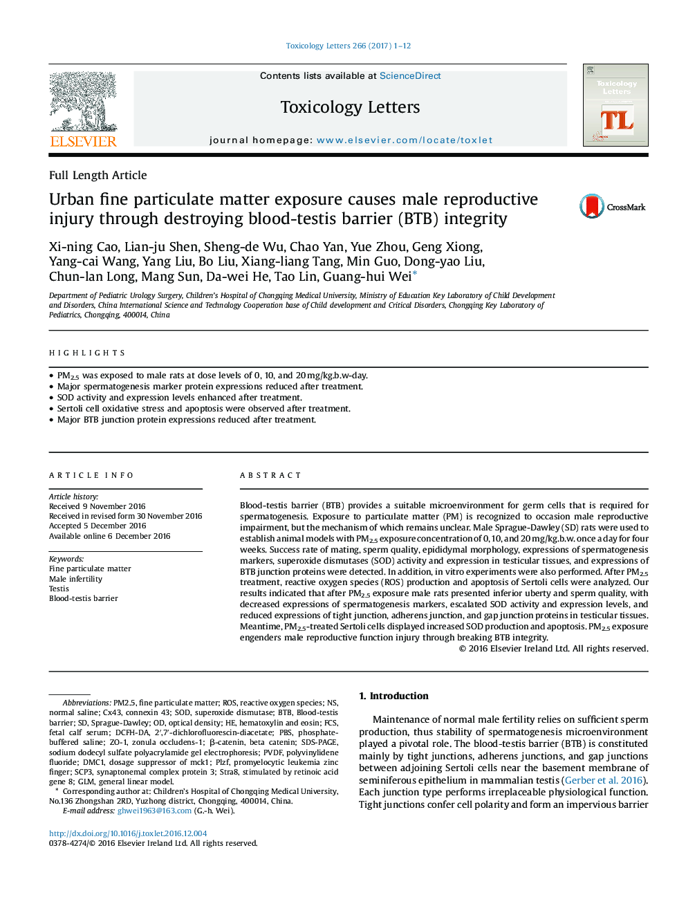 Urban fine particulate matter exposure causes male reproductive injury through destroying blood-testis barrier (BTB) integrity