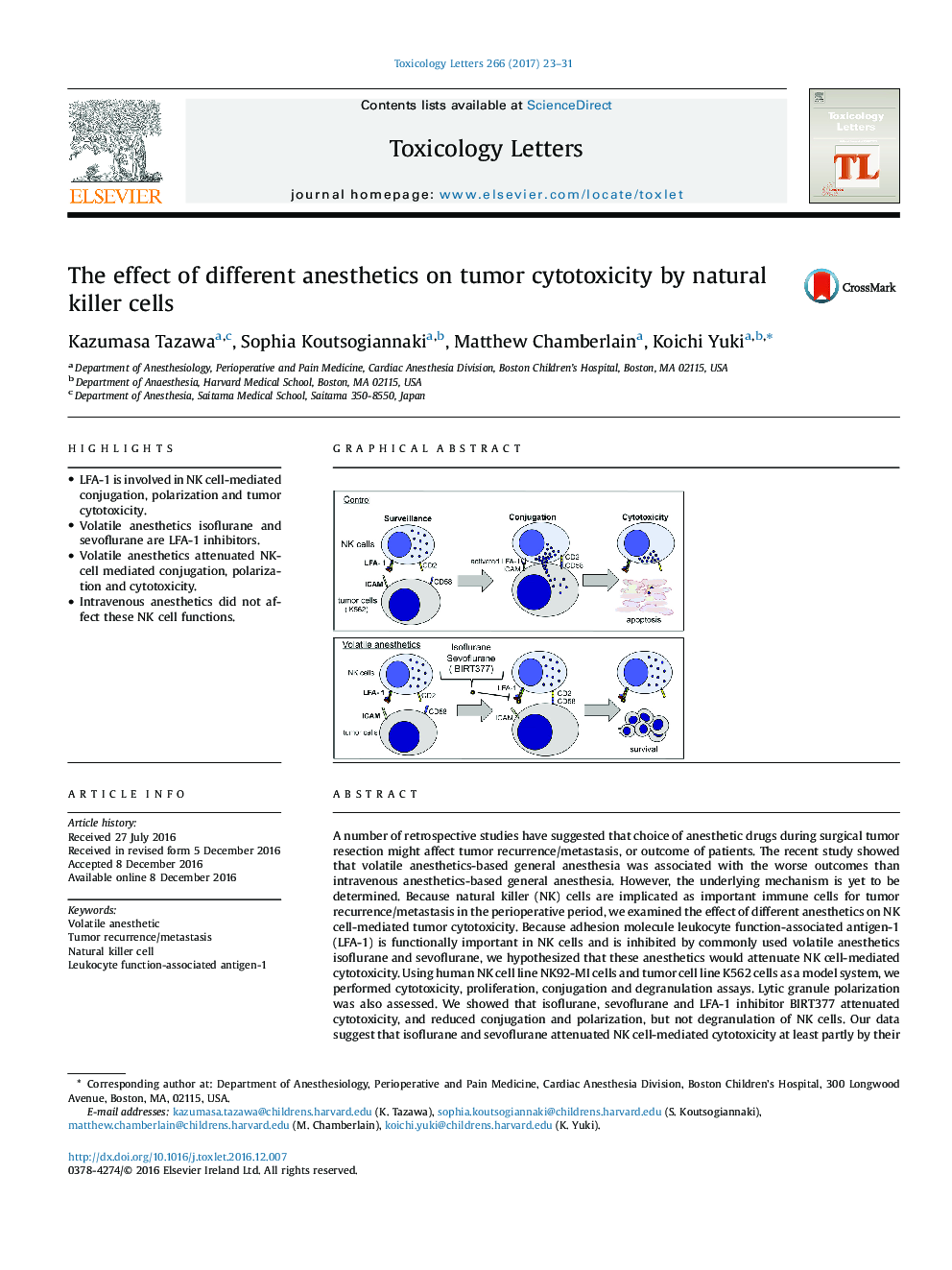 The effect of different anesthetics on tumor cytotoxicity by natural killer cells