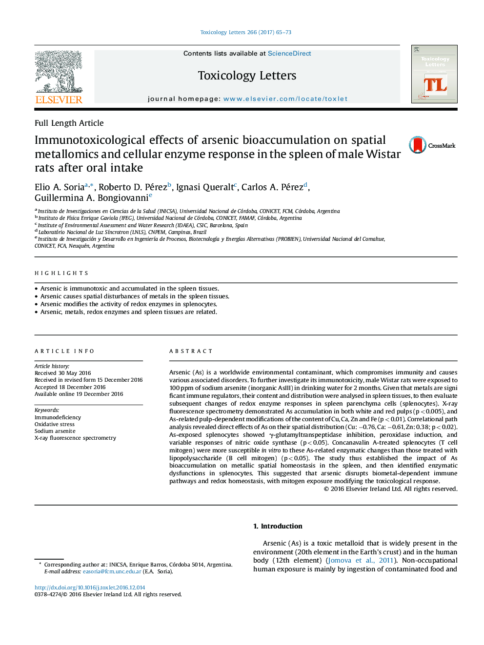 Immunotoxicological effects of arsenic bioaccumulation on spatial metallomics and cellular enzyme response in the spleen of male Wistar rats after oral intake