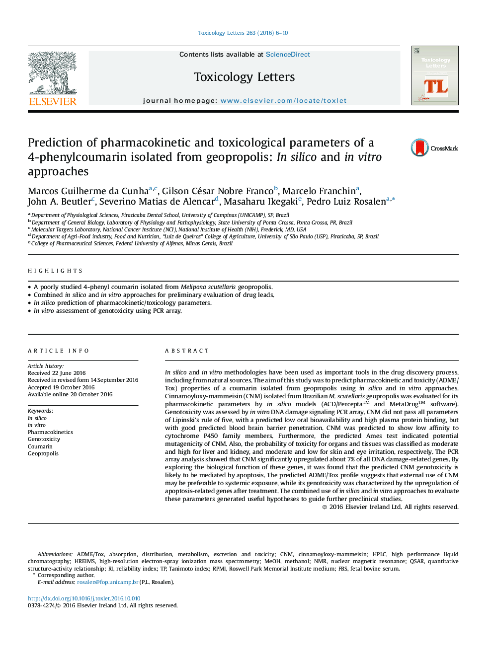 عکس صفحه اول مقاله: Prediction of pharmacokinetic and toxicological parameters of a 4-phenylcoumarin isolated from geopropolis: In silico and in vitro approaches Prediction of pharmacokinetic and toxicological parameters of a 4-phenylcoumarin isolated from geopropolis: In silico and in vitro approaches