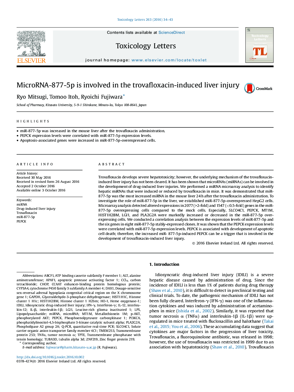 MicroRNA-877-5p is involved in the trovafloxacin-induced liver injury