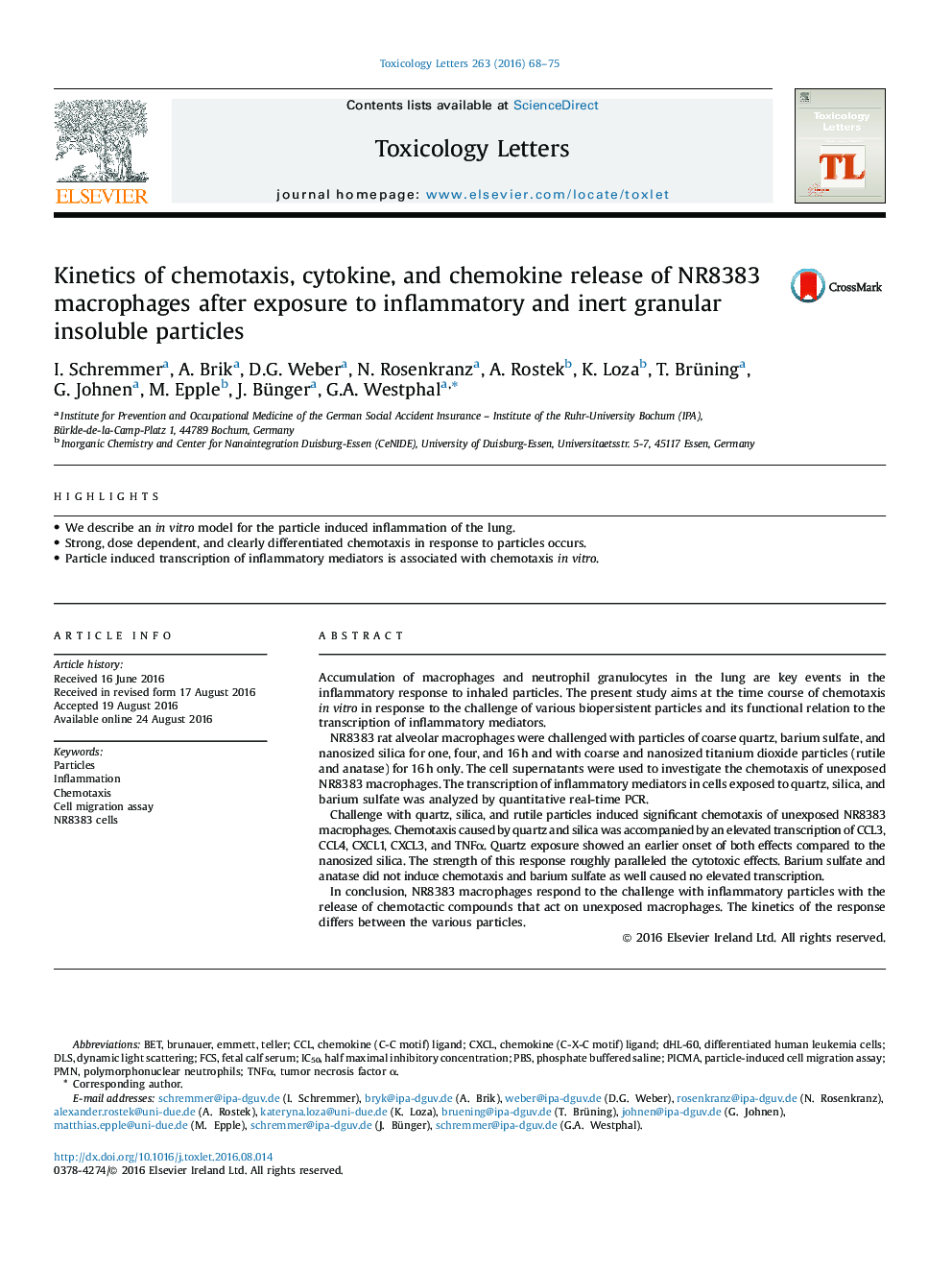 Kinetics of chemotaxis, cytokine, and chemokine release of NR8383 macrophages after exposure to inflammatory and inert granular insoluble particles