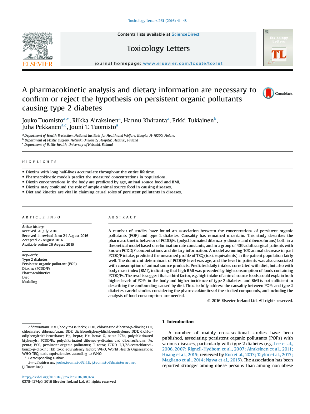 A pharmacokinetic analysis and dietary information are necessary to confirm or reject the hypothesis on persistent organic pollutants causing type 2 diabetes