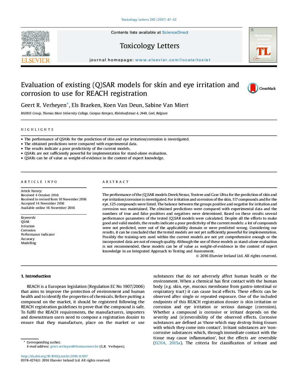 Evaluation of existing (Q)SAR models for skin and eye irritation and corrosion to use for REACH registration