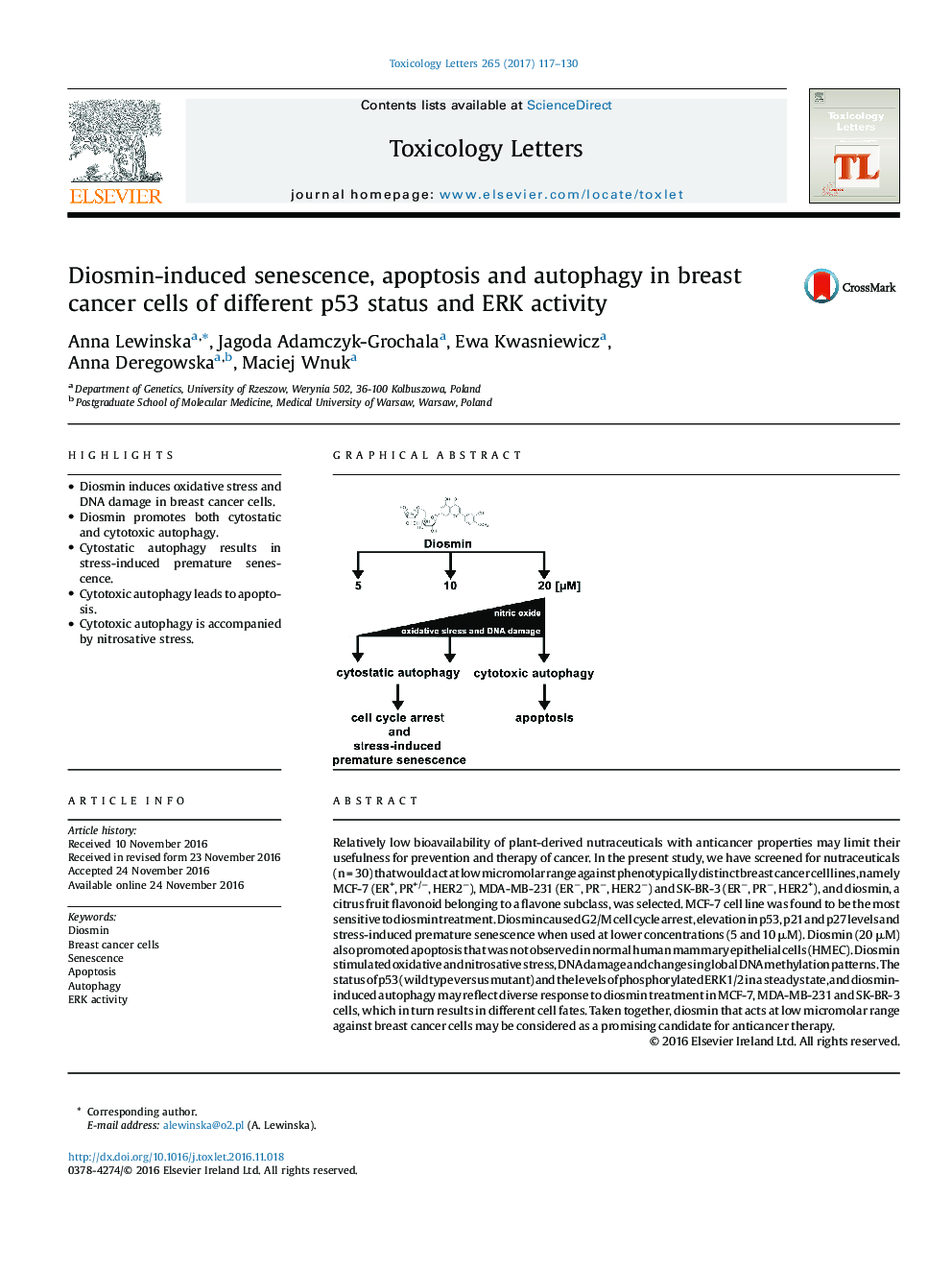 Diosmin-induced senescence, apoptosis and autophagy in breast cancer cells of different p53 status and ERK activity