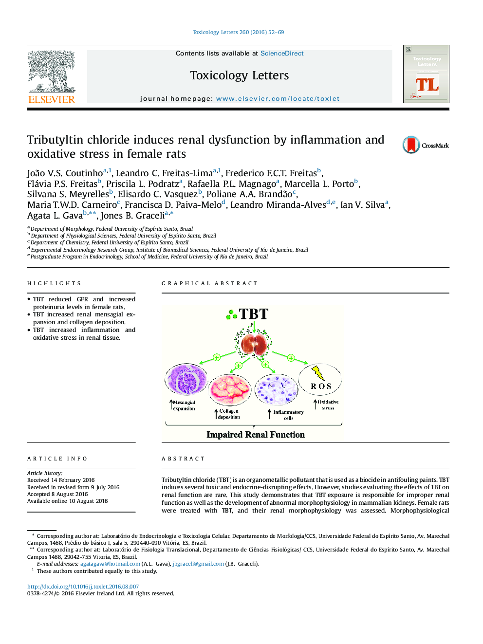 Tributyltin chloride induces renal dysfunction by inflammation and oxidative stress in female rats