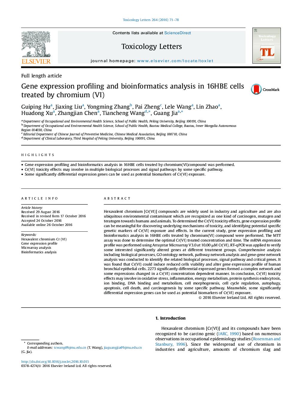 Gene expression profiling and bioinformatics analysis in 16HBE cells treated by chromium (VI)