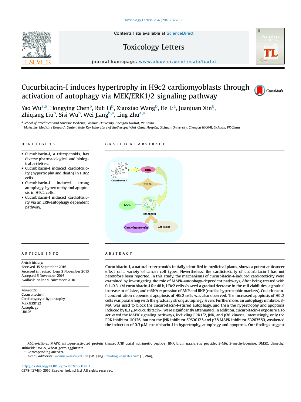 عکس صفحه اول مقاله: Cucurbitacin-I induces hypertrophy in H9c2 cardiomyoblasts through activation of autophagy via MEK/ERK1/2 signaling pathway Cucurbitacin-I induces hypertrophy in H9c2 cardiomyoblasts through activation of autophagy via MEK/ERK1/2 signaling pathway