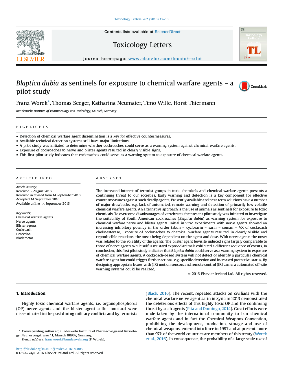 Blaptica dubia as sentinels for exposure to chemical warfare agents - a pilot study