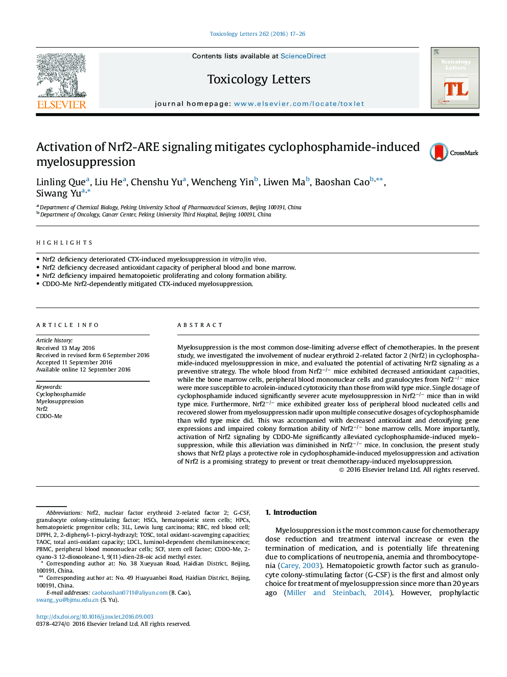 Activation of Nrf2-ARE signaling mitigates cyclophosphamide-induced myelosuppression