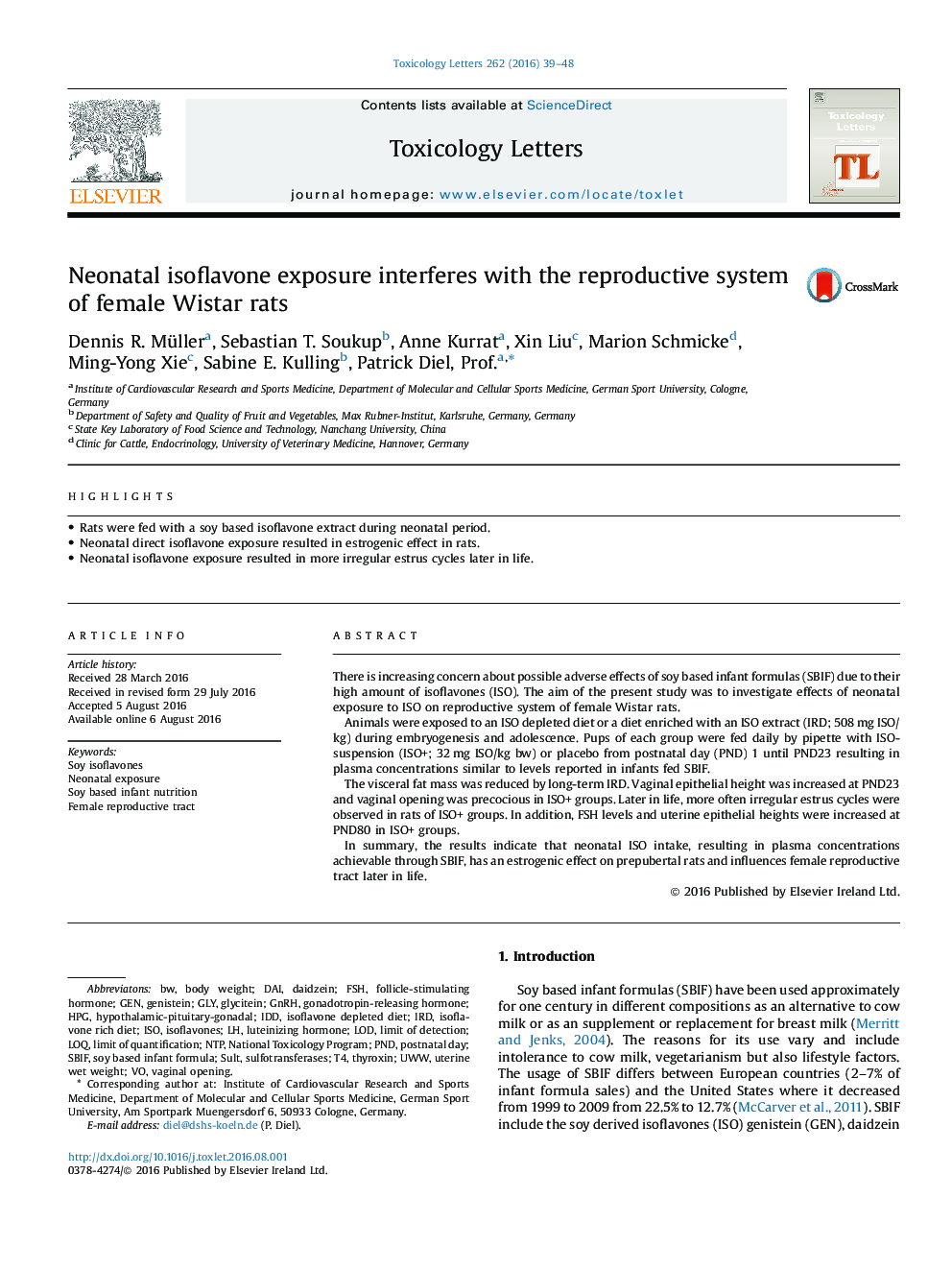 Neonatal isoflavone exposure interferes with the reproductive system of female Wistar rats