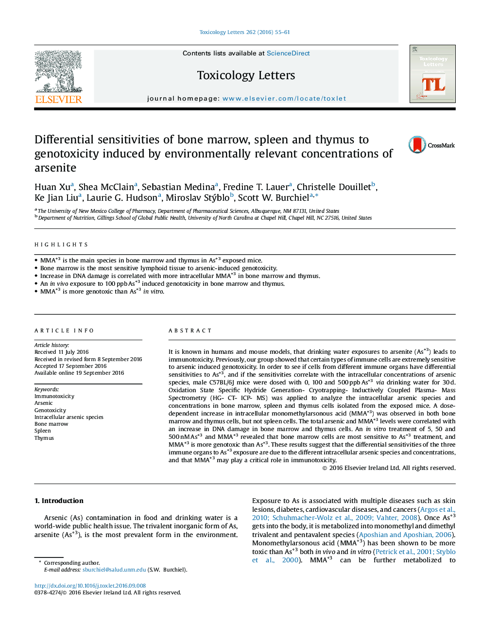 Differential sensitivities of bone marrow, spleen and thymus to genotoxicity induced by environmentally relevant concentrations of arsenite