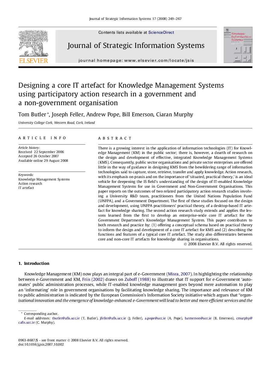 Designing a core IT artefact for Knowledge Management Systems using participatory action research in a government and a non-government organisation