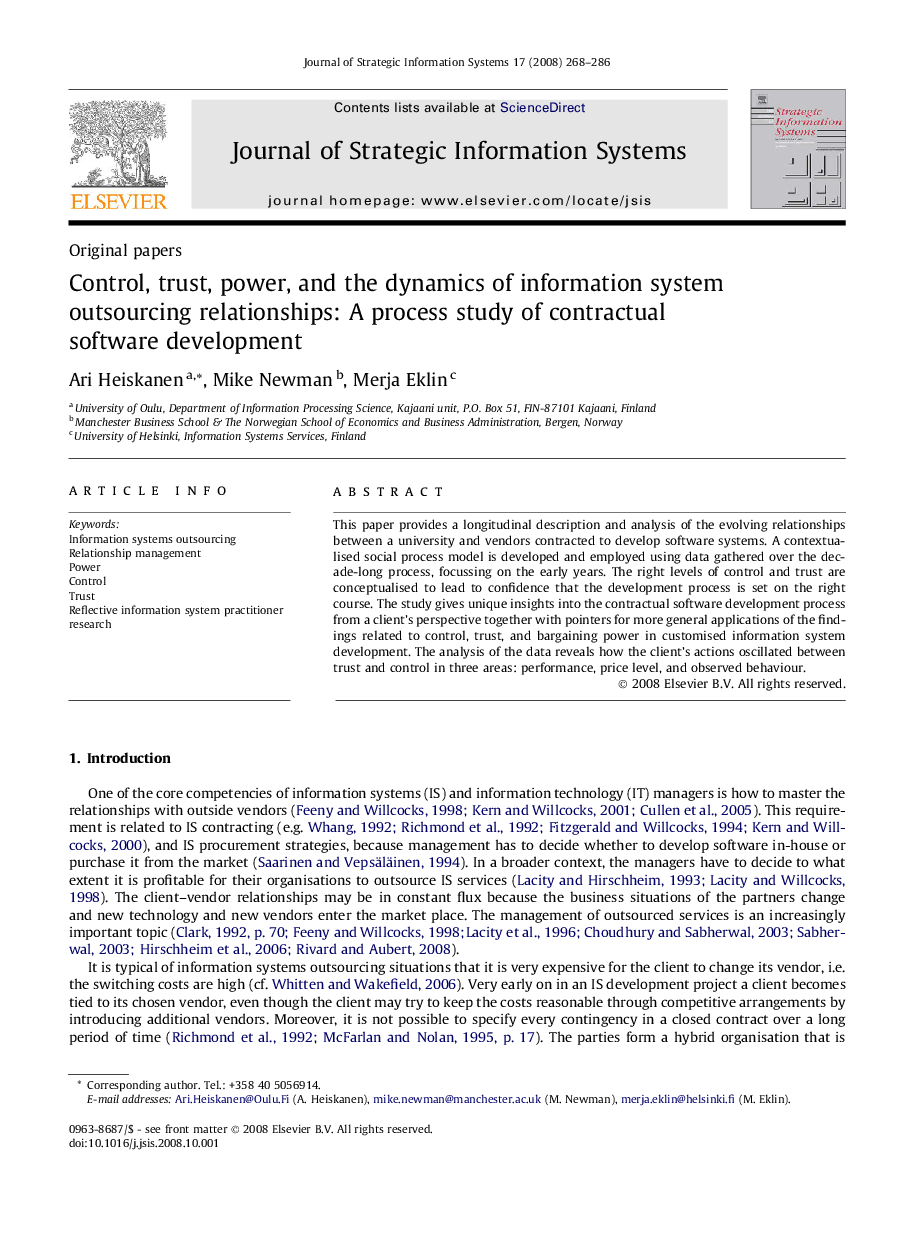 Control, trust, power, and the dynamics of information system outsourcing relationships: A process study of contractual software development