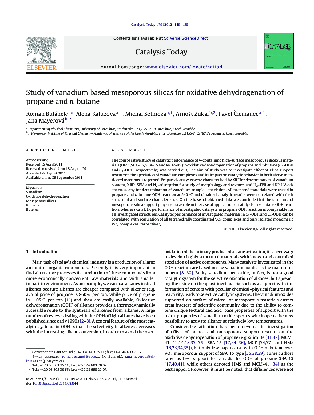 Study of vanadium based mesoporous silicas for oxidative dehydrogenation of propane and n-butane