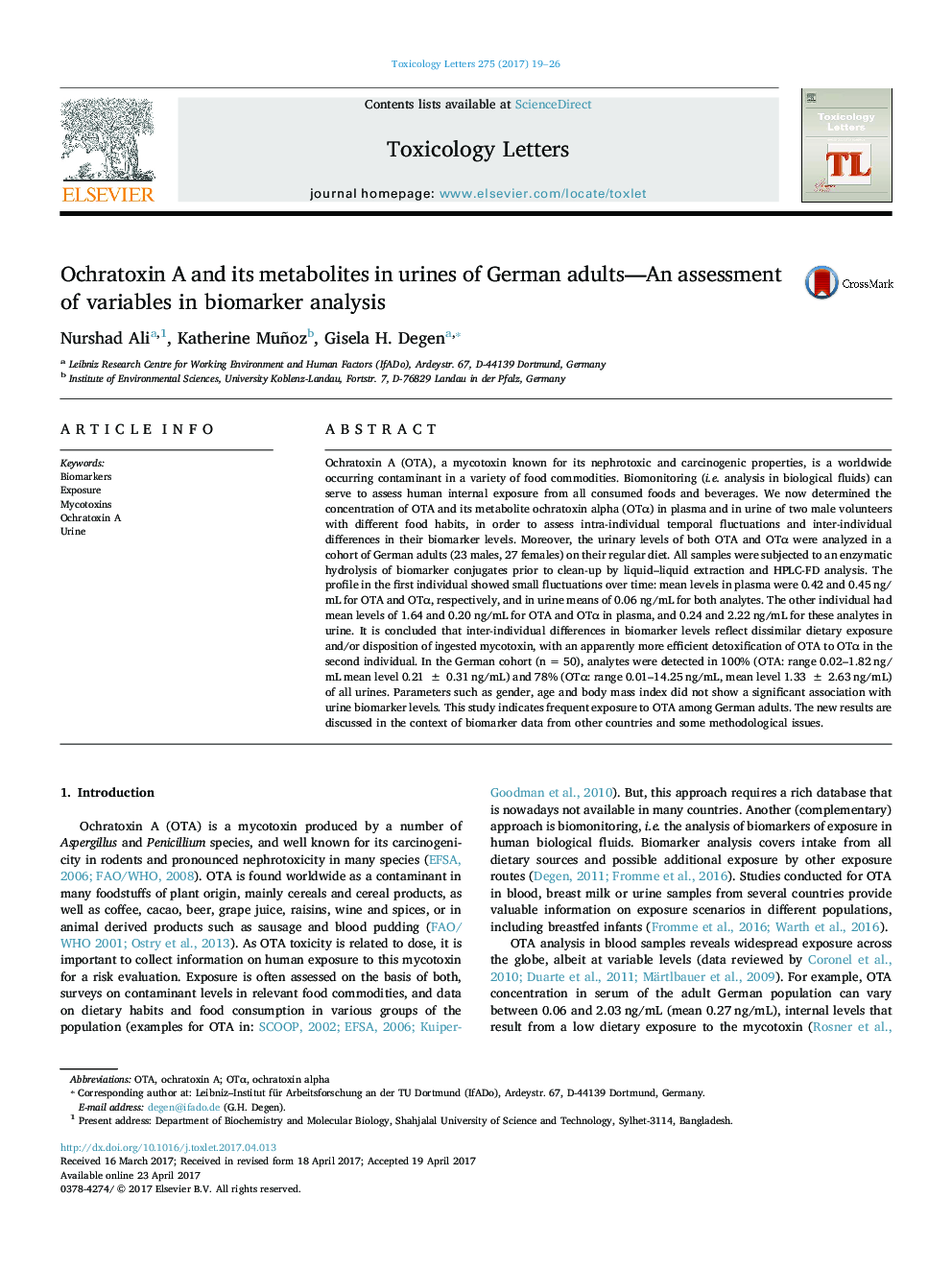 Ochratoxin A and its metabolites in urines of German adults-An assessment of variables in biomarker analysis