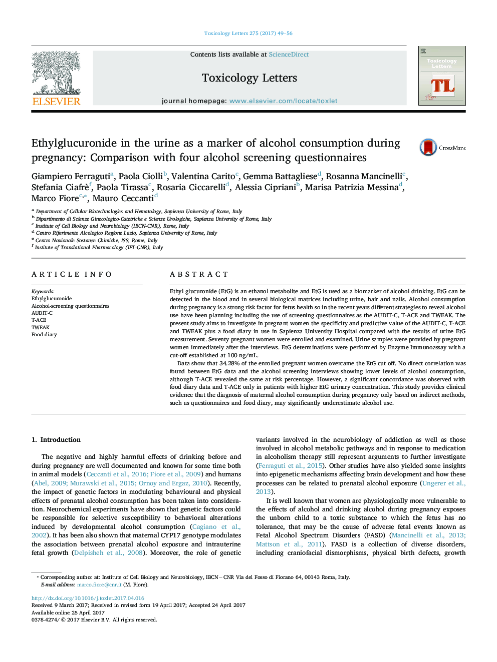 Ethylglucuronide in the urine as a marker of alcohol consumption during pregnancy: Comparison with four alcohol screening questionnaires