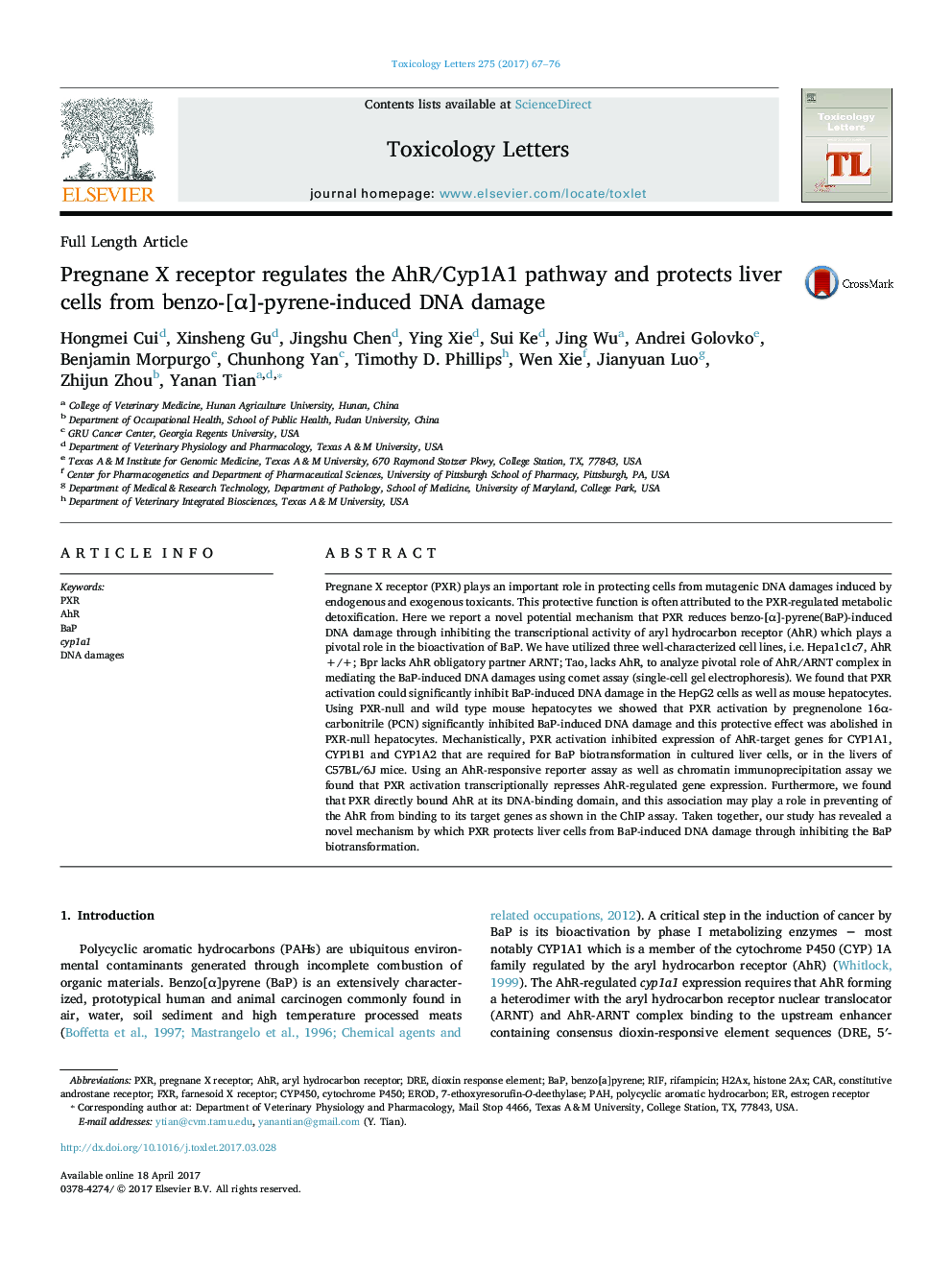 Pregnane X receptor regulates the AhR/Cyp1A1 pathway and protects liver cells from benzo-[Î±]-pyrene-induced DNA damage