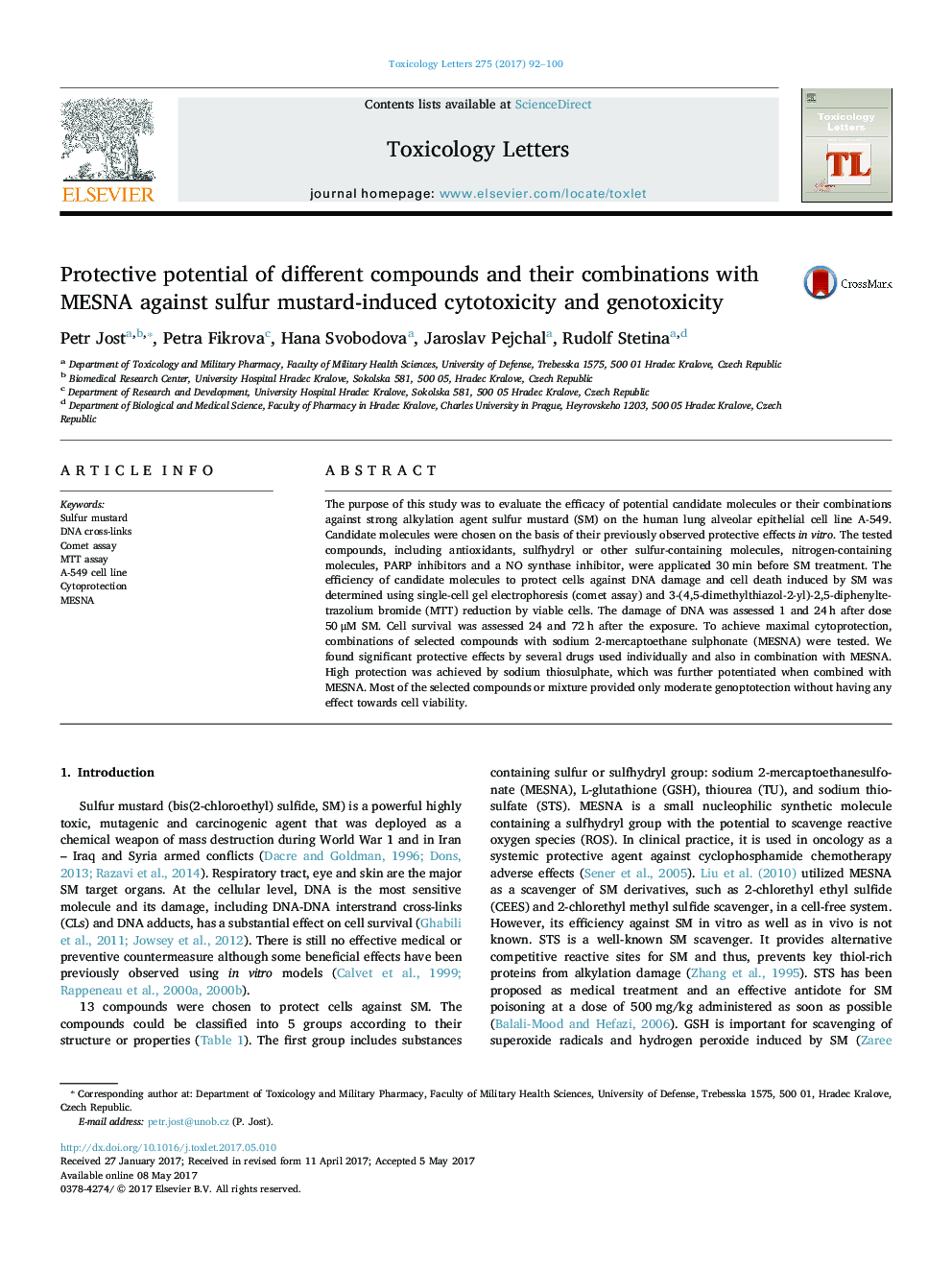 Protective potential of different compounds and their combinations with MESNA against sulfur mustard-induced cytotoxicity and genotoxicity