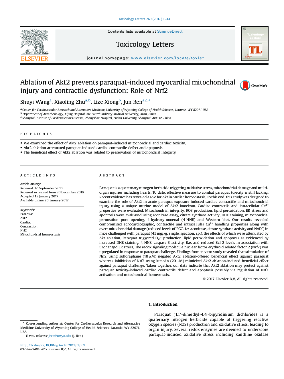 Ablation of Akt2 prevents paraquat-induced myocardial mitochondrial injury and contractile dysfunction: Role of Nrf2