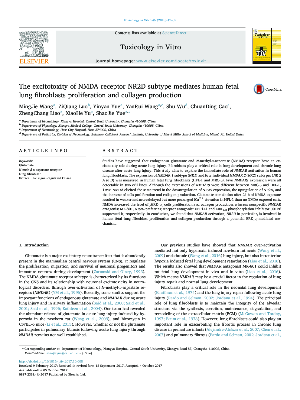 The excitotoxity of NMDA receptor NR2D subtype mediates human fetal lung fibroblasts proliferation and collagen production