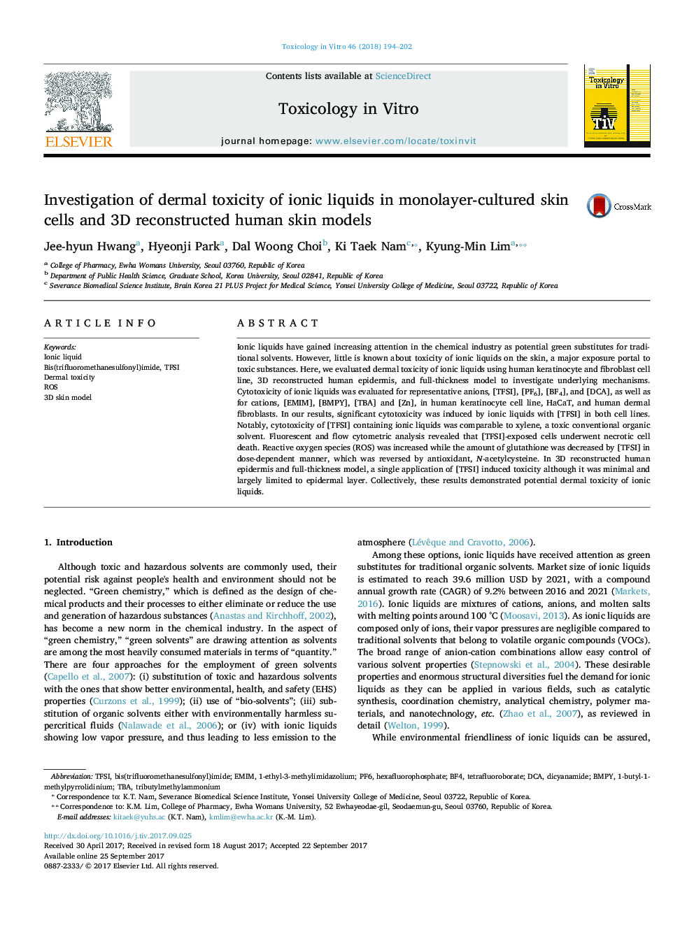 Investigation of dermal toxicity of ionic liquids in monolayer-cultured skin cells and 3D reconstructed human skin models