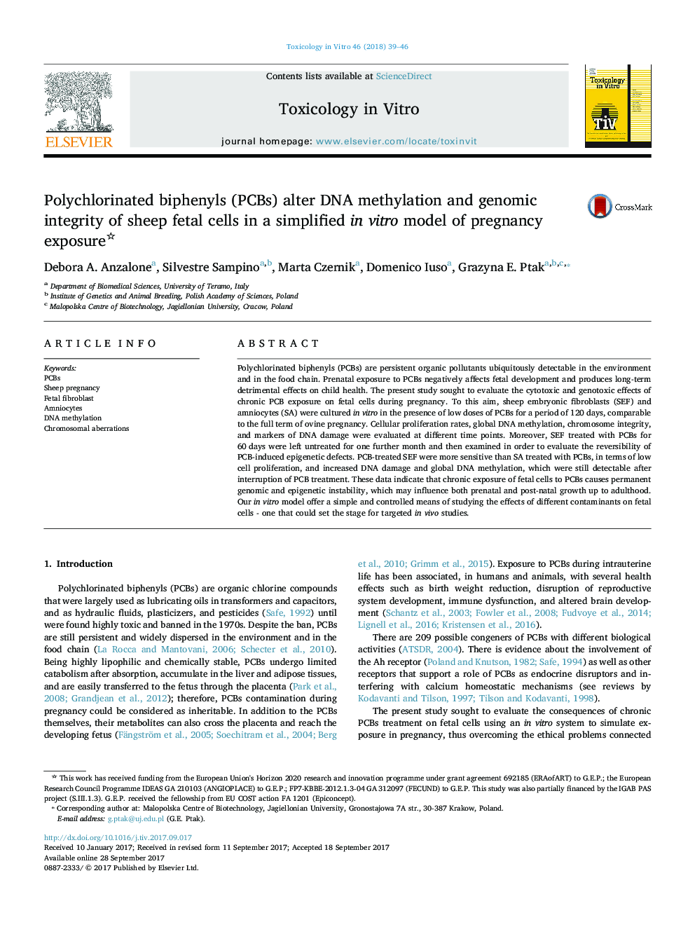 Polychlorinated biphenyls (PCBs) alter DNA methylation and genomic integrity of sheep fetal cells in a simplified in vitro model of pregnancy exposure