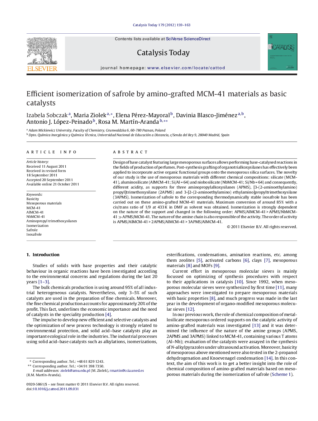 Efficient isomerization of safrole by amino-grafted MCM-41 materials as basic catalysts