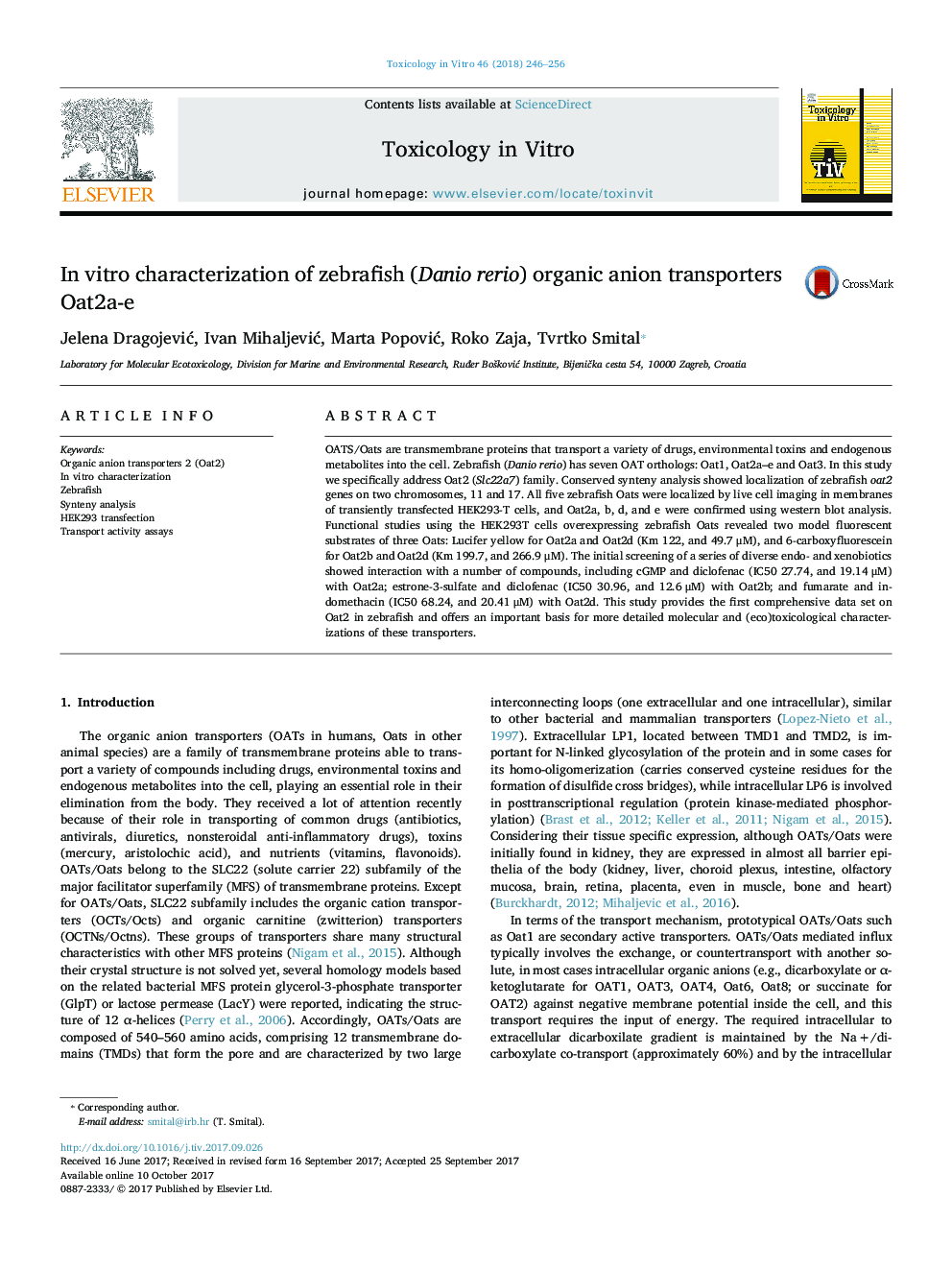 In vitro characterization of zebrafish (Danio rerio) organic anion transporters Oat2a-e