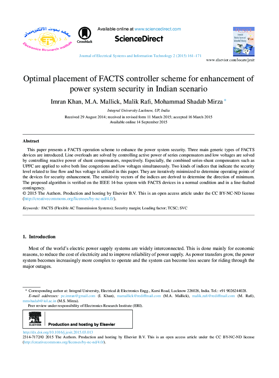 عکس صفحه اول مقاله: Optimal placement of FACTS controller scheme for enhancement of power system security in Indian scenario Optimal placement of FACTS controller scheme for enhancement of power system security in Indian scenario