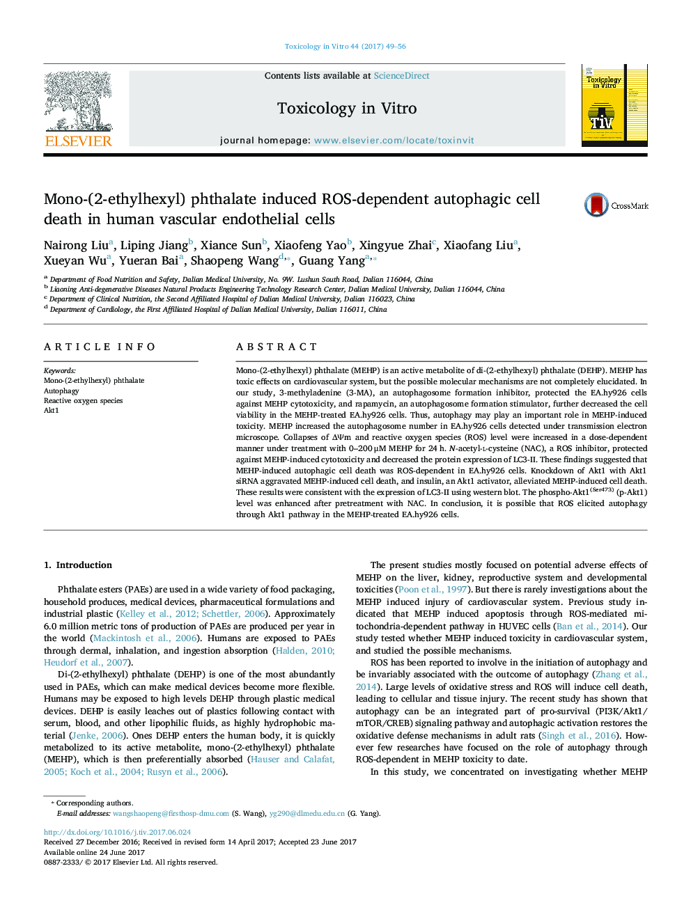 Mono-(2-ethylhexyl) phthalate induced ROS-dependent autophagic cell death in human vascular endothelial cells