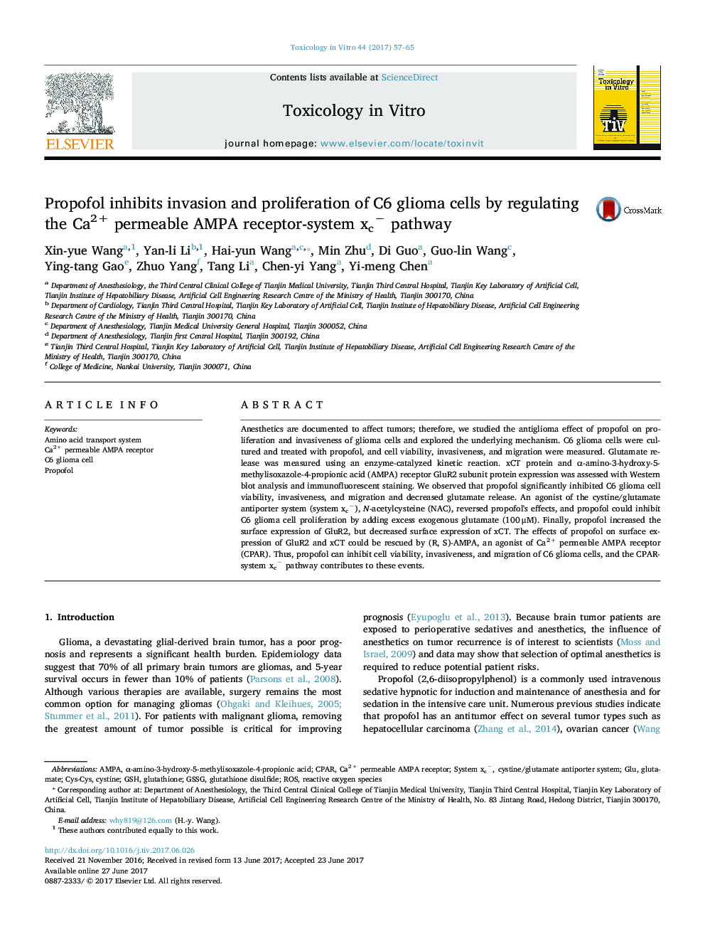 Propofol inhibits invasion and proliferation of C6 glioma cells by regulating the Ca2+ permeable AMPA receptor-system xcâ pathway