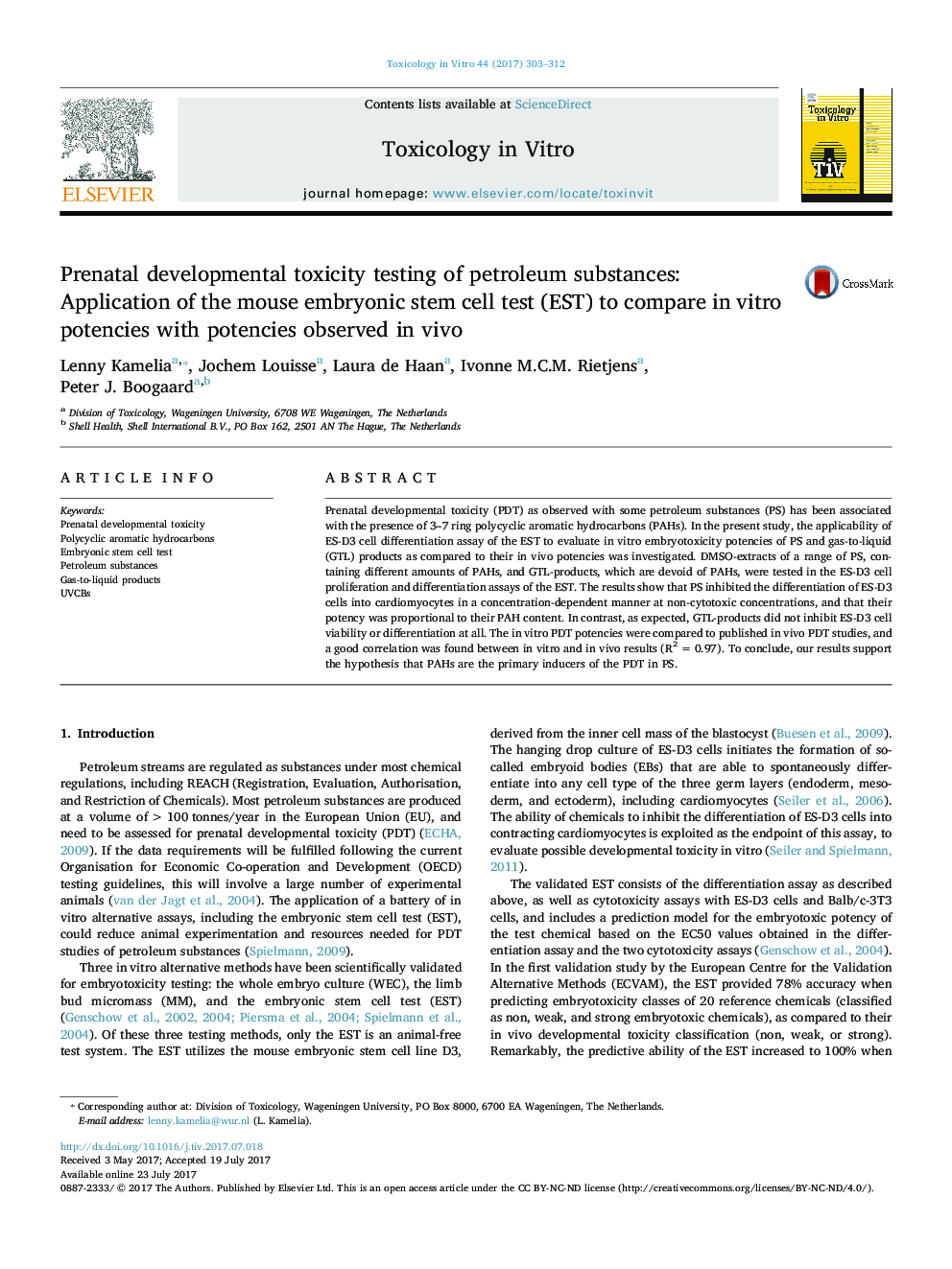 Prenatal developmental toxicity testing of petroleum substances: Application of the mouse embryonic stem cell test (EST) to compare in vitro potencies with potencies observed in vivo