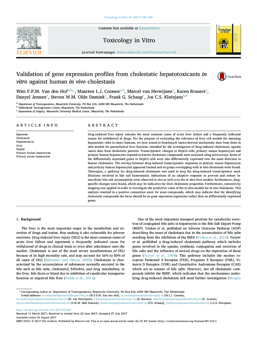 Validation of gene expression profiles from cholestatic hepatotoxicants in vitro against human in vivo cholestasis