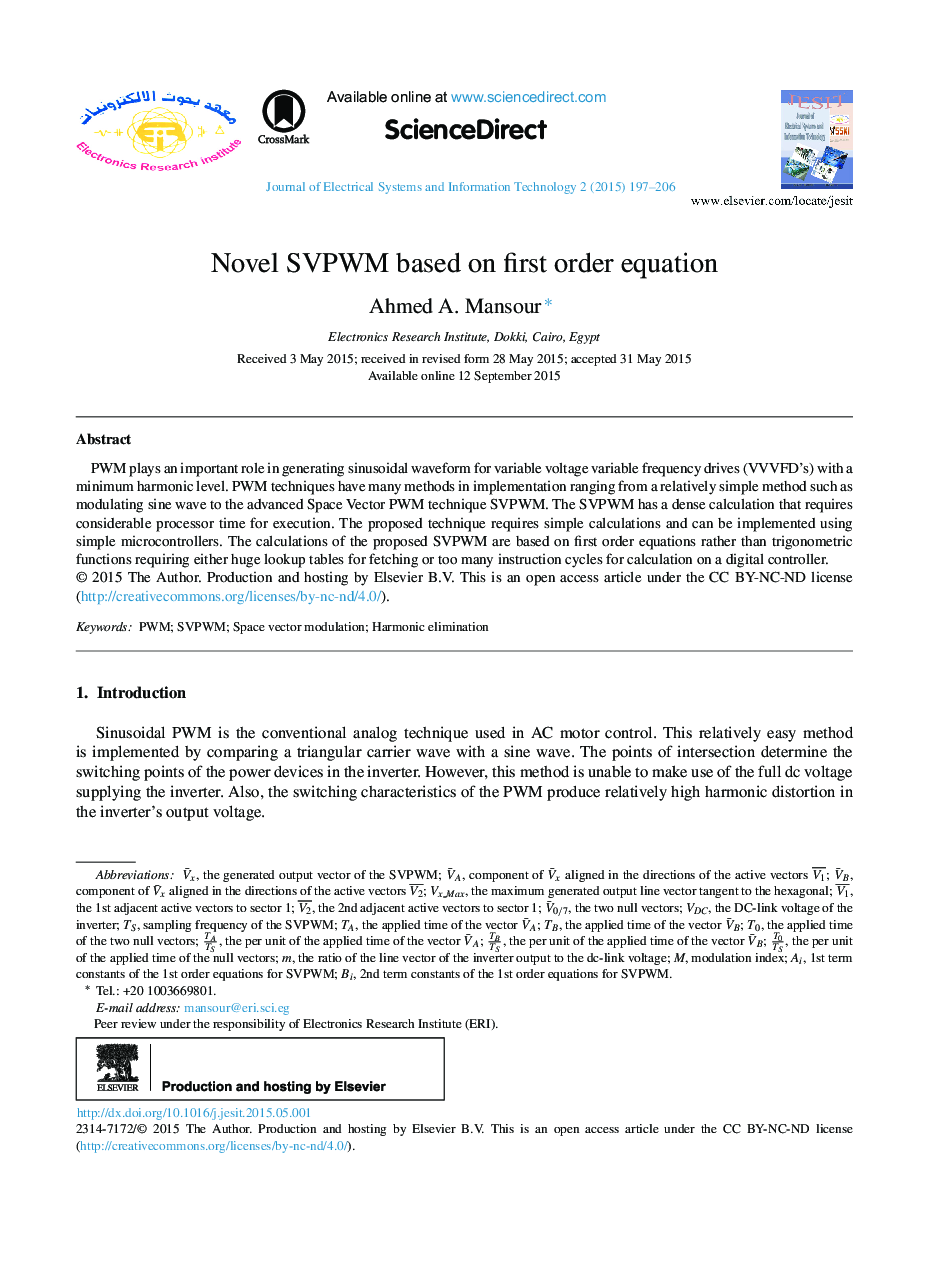 عکس صفحه اول مقاله: Novel SVPWM based on first order equation Novel SVPWM based on first order equation
