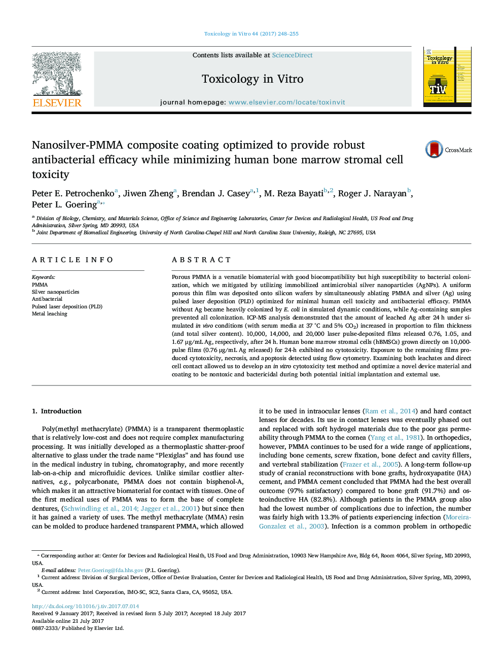 Nanosilver-PMMA composite coating optimized to provide robust antibacterial efficacy while minimizing human bone marrow stromal cell toxicity