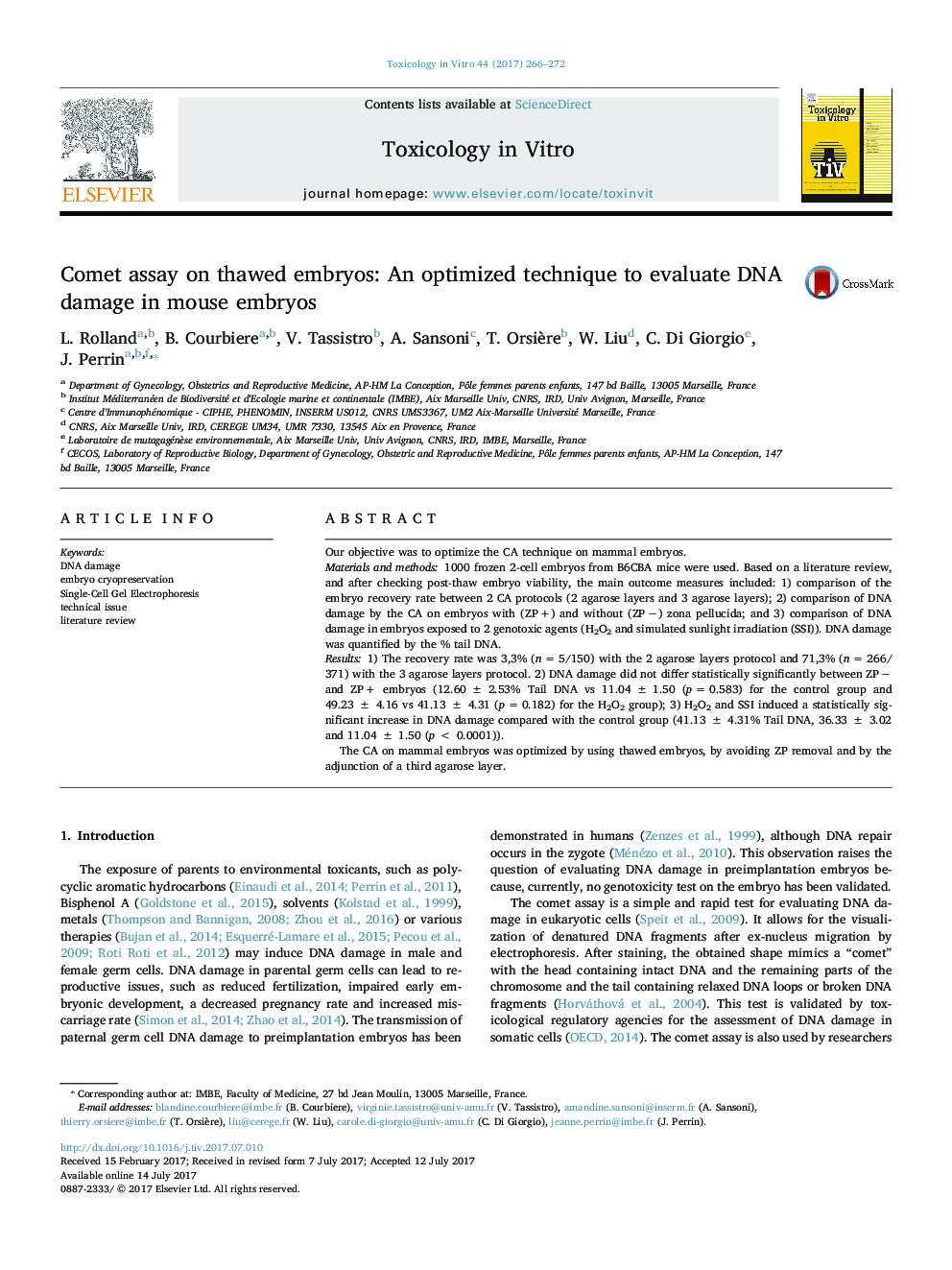 Comet assay on thawed embryos: An optimized technique to evaluate DNA damage in mouse embryos