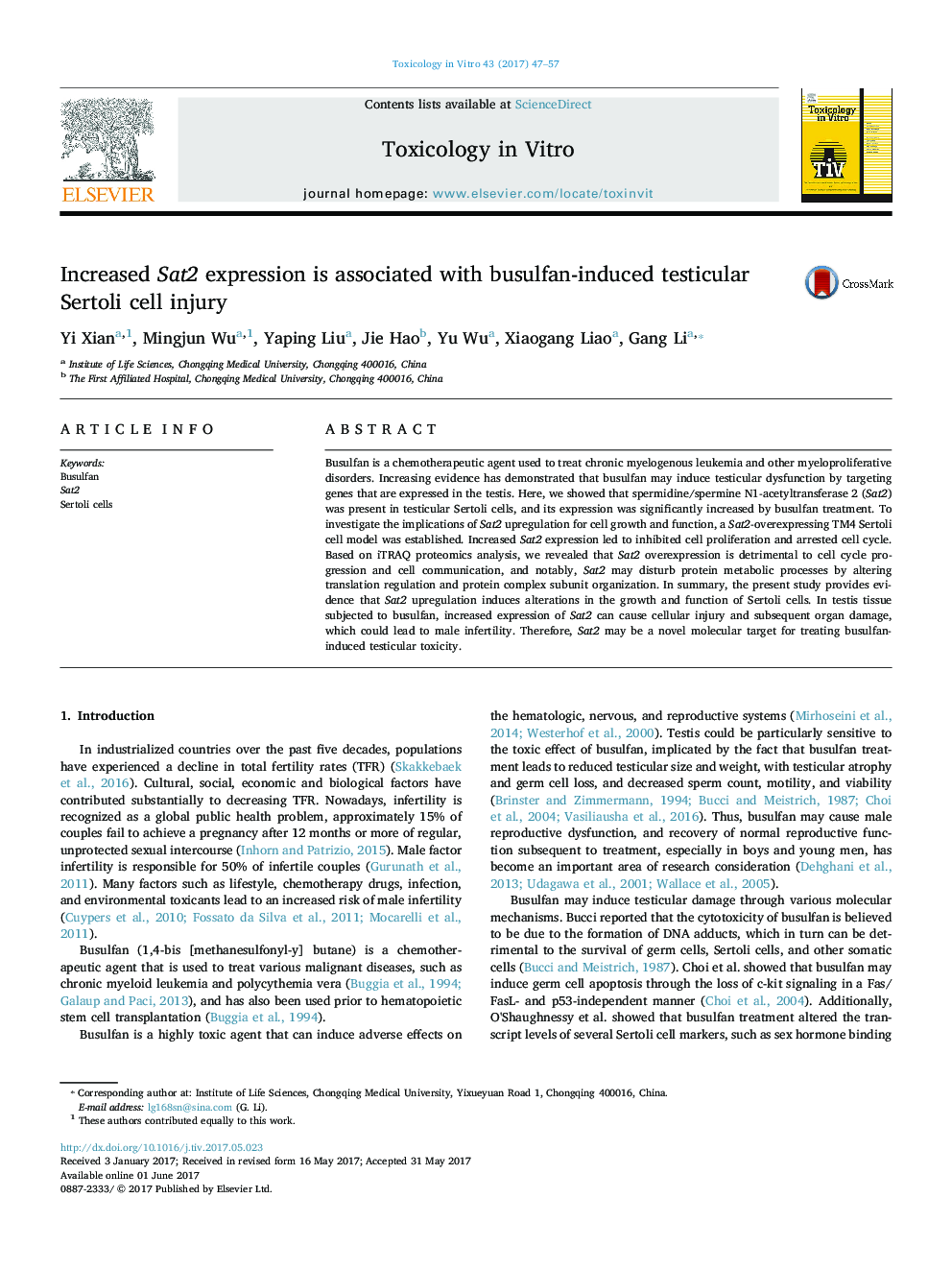 Increased Sat2 expression is associated with busulfan-induced testicular Sertoli cell injury